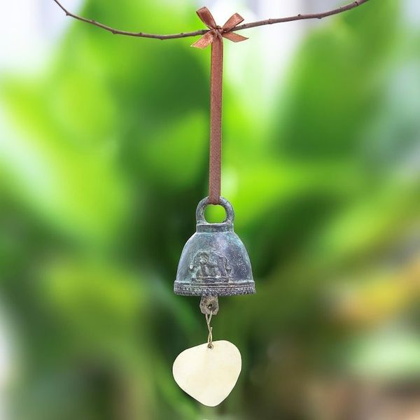 Alternate image for Oxidized Green Elephant Motif Brass Bell from Thailand Elephant Ring