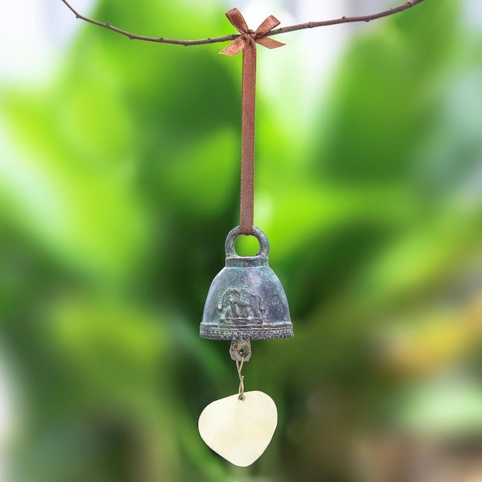 Oxidized Green Elephant Motif Brass Bell from Thailand 'Elephant Ring'