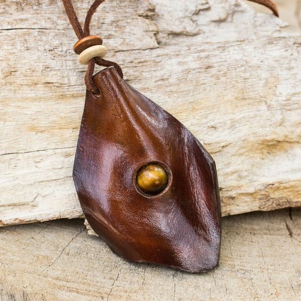 Alternate image for Mens Leather Wood and Tigers Eye Pendant Necklace Thai Cowboy
