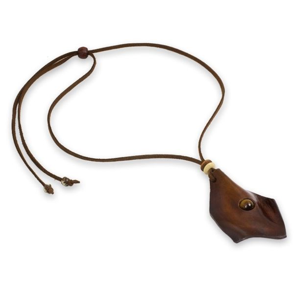 Alternate image for Mens Leather Wood and Tigers Eye Pendant Necklace Thai Cowboy