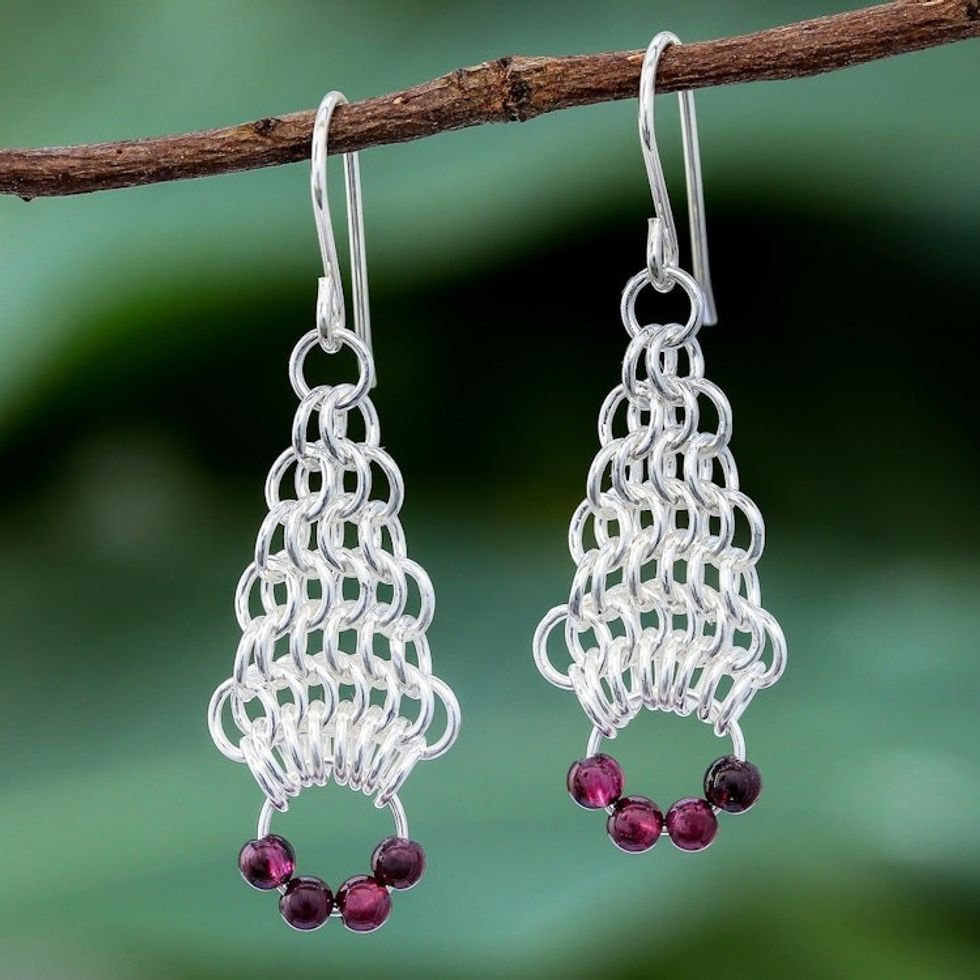 Garnet Beaded Dangle Earrings with Sterling Silver Rings 'Bead Fascination'