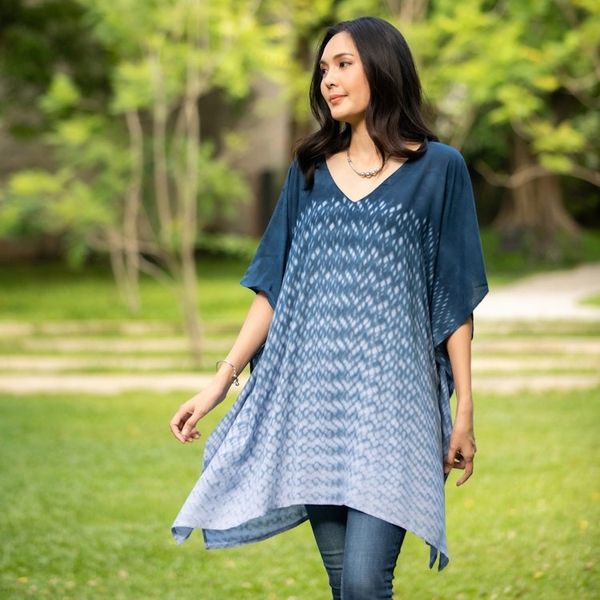 Alternate image for Hand Made Tie-Die Rayon Caftan Thai Rain in Dark Blue