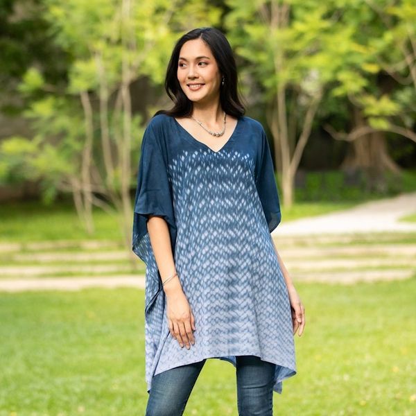 Alternate image for Hand Made Tie-Die Rayon Caftan Thai Rain in Dark Blue