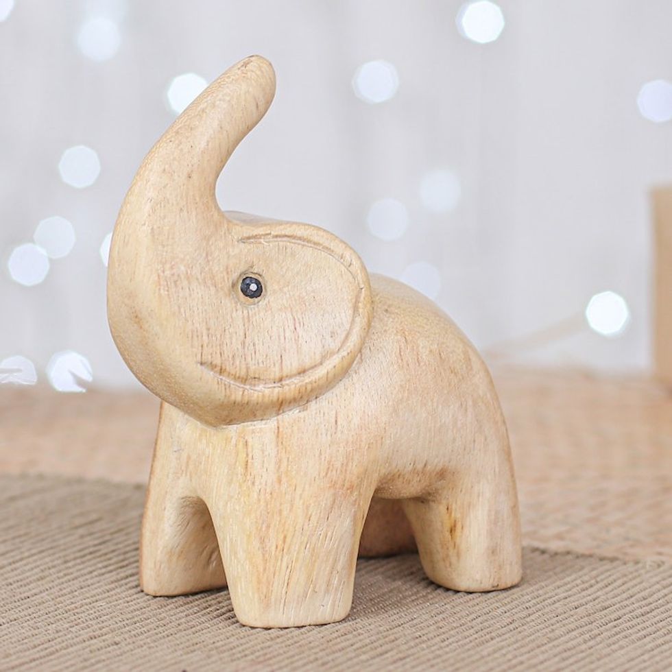 Hand-Carved Baby Elephant Raintree Wood Figurine 'Plump Joy'