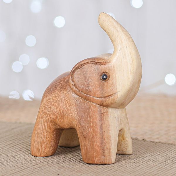 Alternate image for Hand-Carved Baby Elephant Raintree Wood Figurine Plump Joy