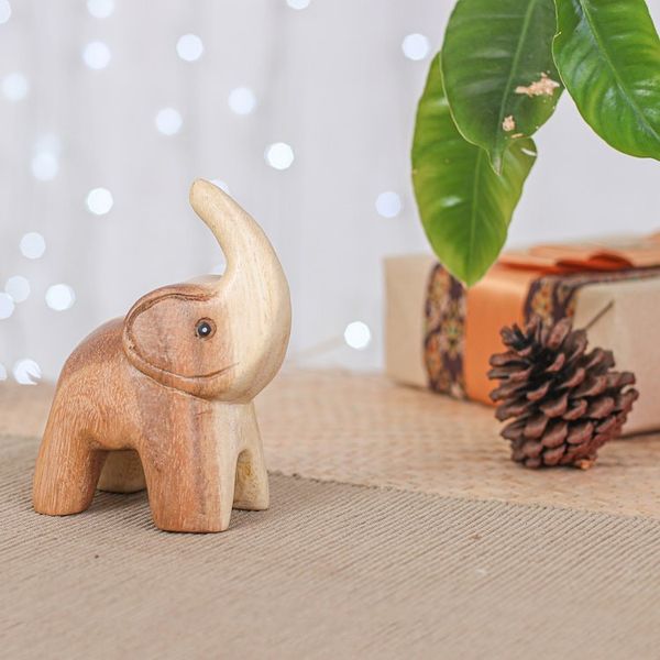 Alternate image for Hand-Carved Baby Elephant Raintree Wood Figurine Plump Joy