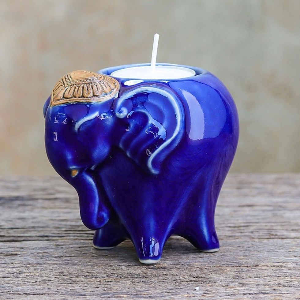 Handcrafted Ceramic Elephant Tealight Holder in Blue 'Serene Elephant'
