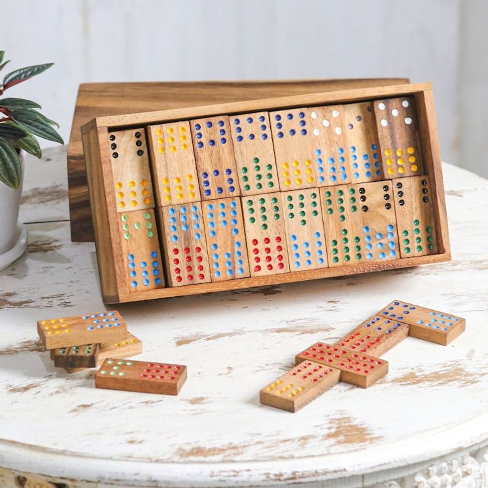 Colorful Rain Tree Wood Domino Set Game from Thailand 'Colorful Dominoes'