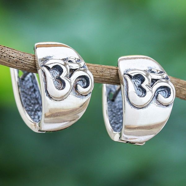Alternate image for Handcrafted Sterling Silver Drop Earrings with Om Motif Universal Om