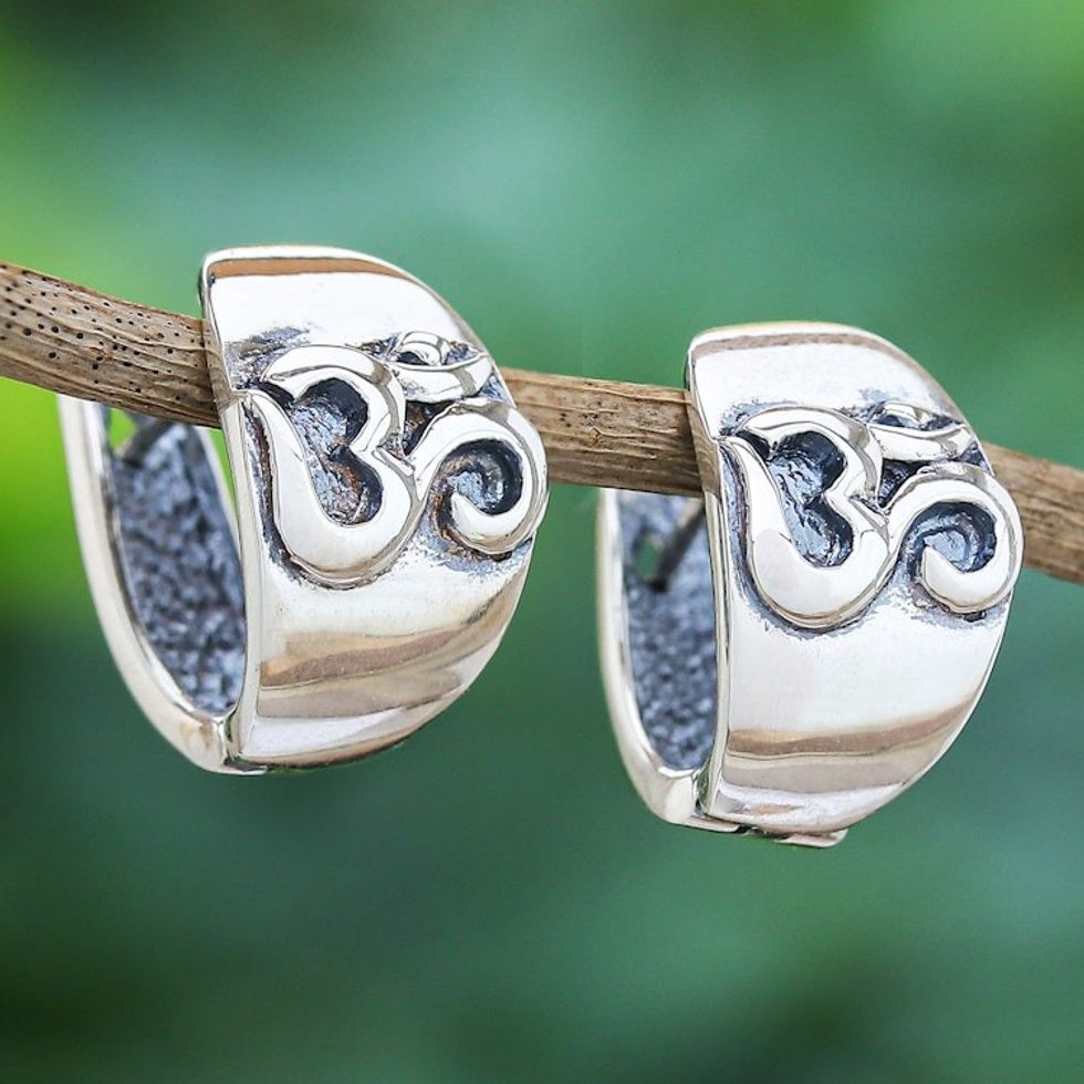 Handcrafted Sterling Silver Drop Earrings with Om Motif 'Universal Om'