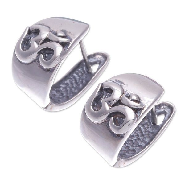 Alternate image for Handcrafted Sterling Silver Drop Earrings with Om Motif Universal Om