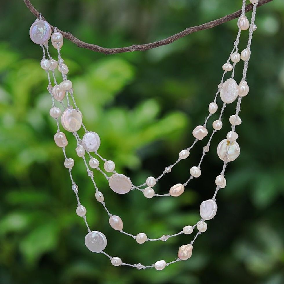 Cultured Freshwater Pearl and Glass Beaded Necklace 'Glowing Coins in Peach'