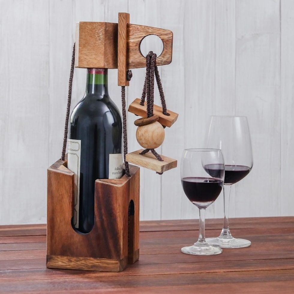Wood Puzzle and Wine Bottle Holder from Thailand 'Don't Break The Bottle'