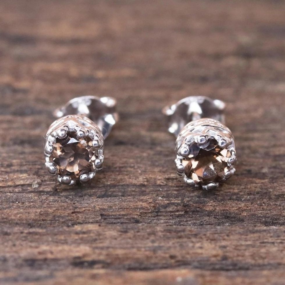 Rhodium Plated Smoky Quartz Stud Earrings from Thailand 'Brilliant Splendor'