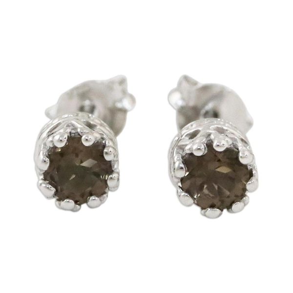 Alternate image for Rhodium Plated Smoky Quartz Stud Earrings from Thailand Brilliant Splendor