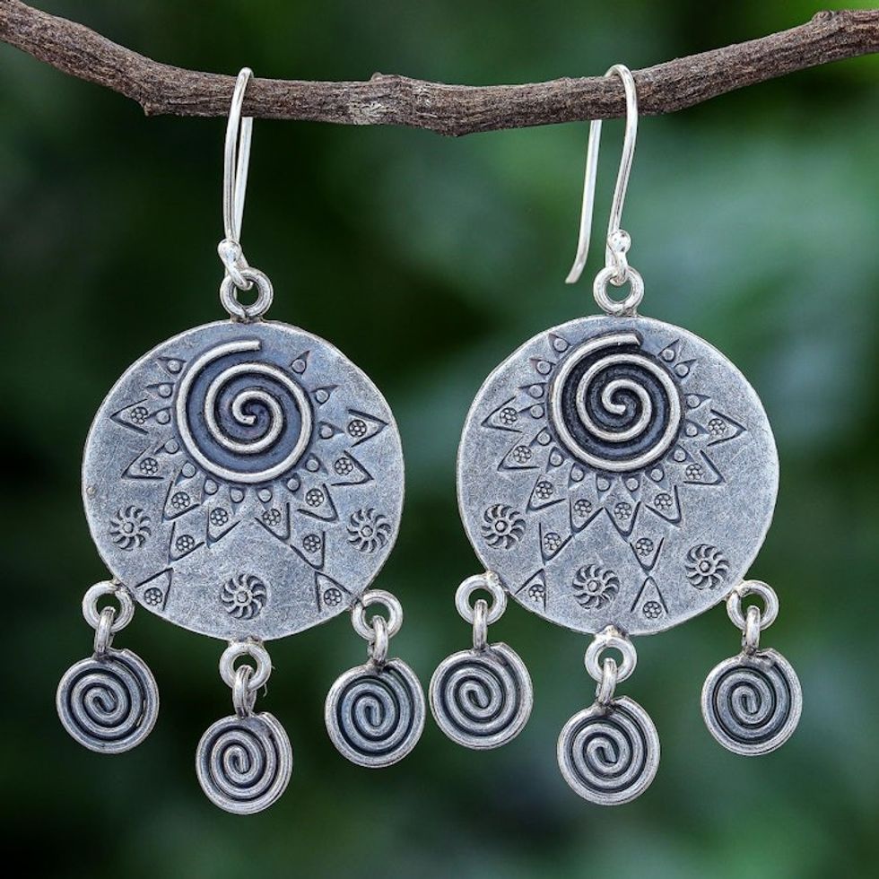 Hand Crafted Sterling Silver Geometric Motif Dangle Earrings 'Tribal Sign'