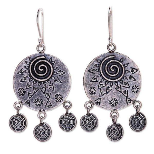 Alternate image for Hand Crafted Sterling Silver Geometric Motif Dangle Earrings Tribal Sign