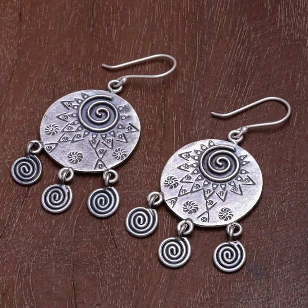 Alternate image for Hand Crafted Sterling Silver Geometric Motif Dangle Earrings Tribal Sign