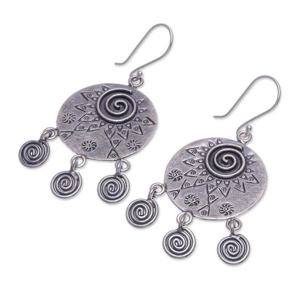 Alternate image for Hand Crafted Sterling Silver Geometric Motif Dangle Earrings Tribal Sign