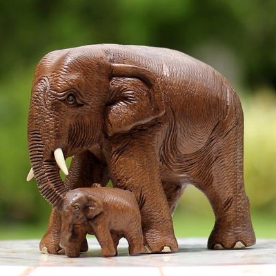 Alternate image for Brown Teak Wood Sculpture of Mother and Child Thai Elephants Love and Care in Brown