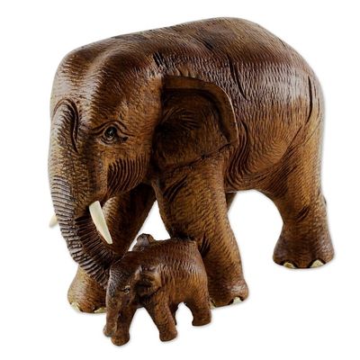 Alternate image for Brown Teak Wood Sculpture of Mother and Child Thai Elephants Love and Care in Brown