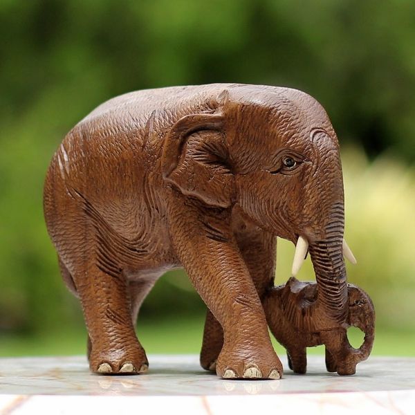 Alternate image for Brown Teak Wood Sculpture of Mother and Child Thai Elephants Love and Care in Brown