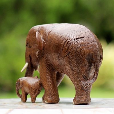 Alternate image for Brown Teak Wood Sculpture of Mother and Child Thai Elephants Love and Care in Brown