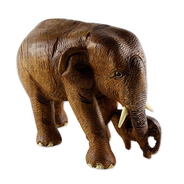 Alternate image for Brown Teak Wood Sculpture of Mother and Child Thai Elephants Love and Care in Brown