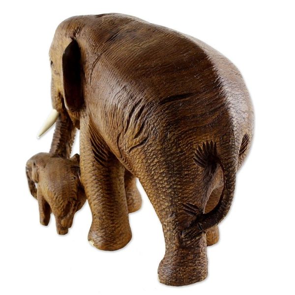 Alternate image for Brown Teak Wood Sculpture of Mother and Child Thai Elephants Love and Care in Brown
