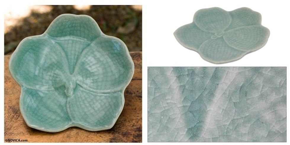 Floral Celadon Ceramic Serving Plate 'Light Blue Vanda'
