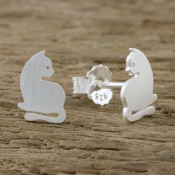 Alternate image for Sterling Silver Cat Stud Earrings from Thailand Leisurely Felines