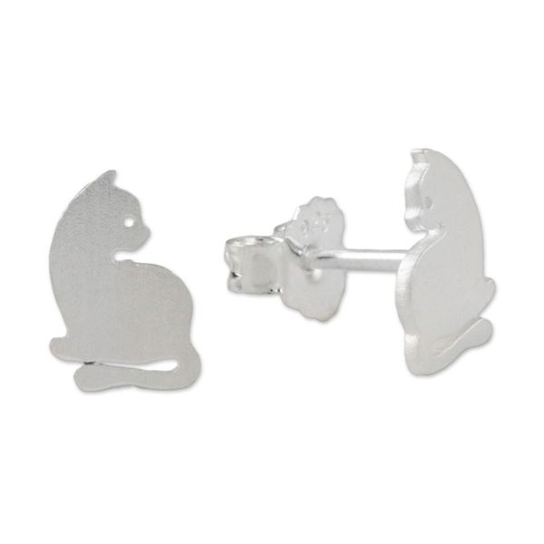 Alternate image for Sterling Silver Cat Stud Earrings from Thailand Leisurely Felines