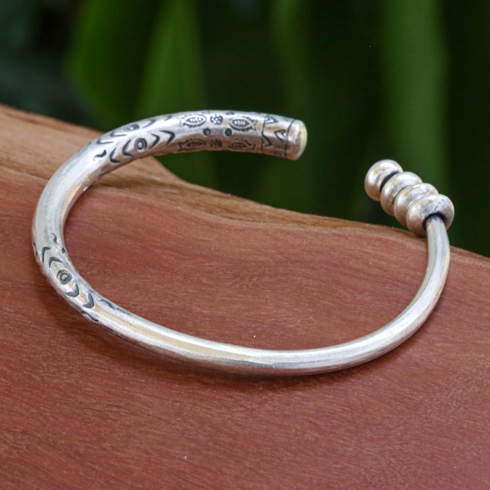 Hill Tribe-Themed Silver Cuff Bracelet Crafted in Thailand 'Celestial Halo'