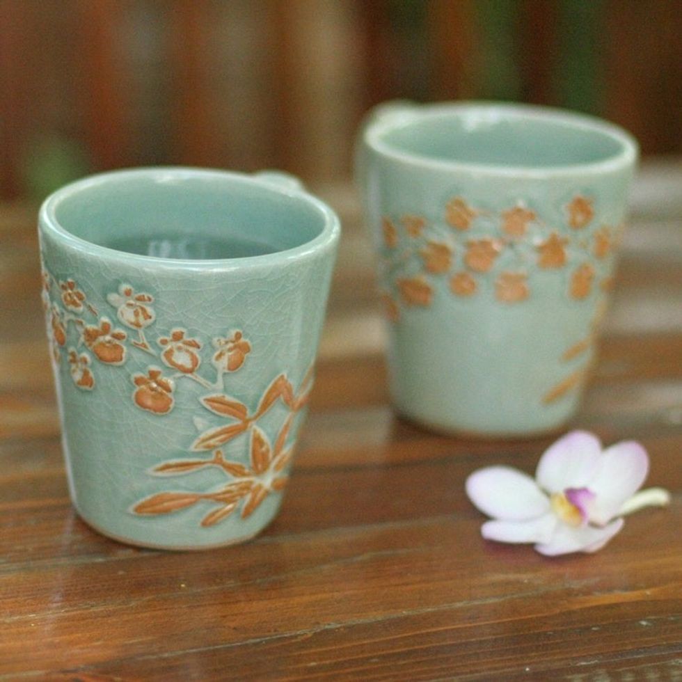 Unique Floral Ceramic Coffee Mugs Pair 'Golden Orchid'