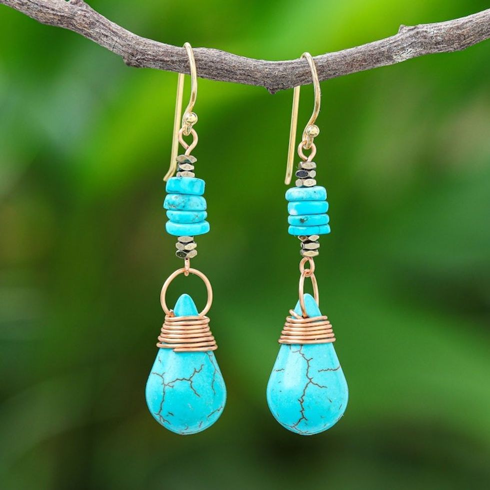 Howlite Pyrite Reconstituted Turquoise Dangle Earrings 'Rainshower'