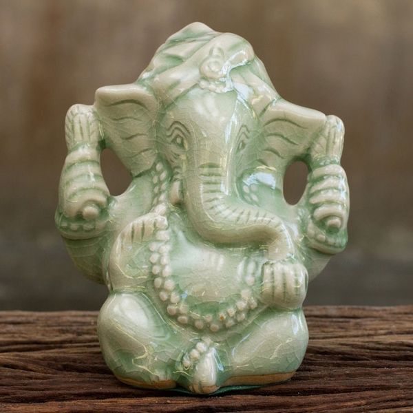 Alternate image for Hand Crafted Celadon Ganesha Statuette from Thailand Faithful Ganesha