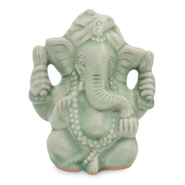 Alternate image for Hand Crafted Celadon Ganesha Statuette from Thailand Faithful Ganesha