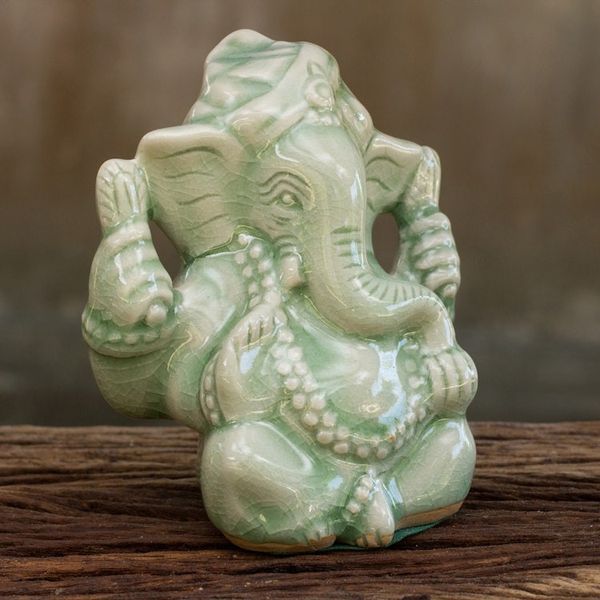 Alternate image for Hand Crafted Celadon Ganesha Statuette from Thailand Faithful Ganesha