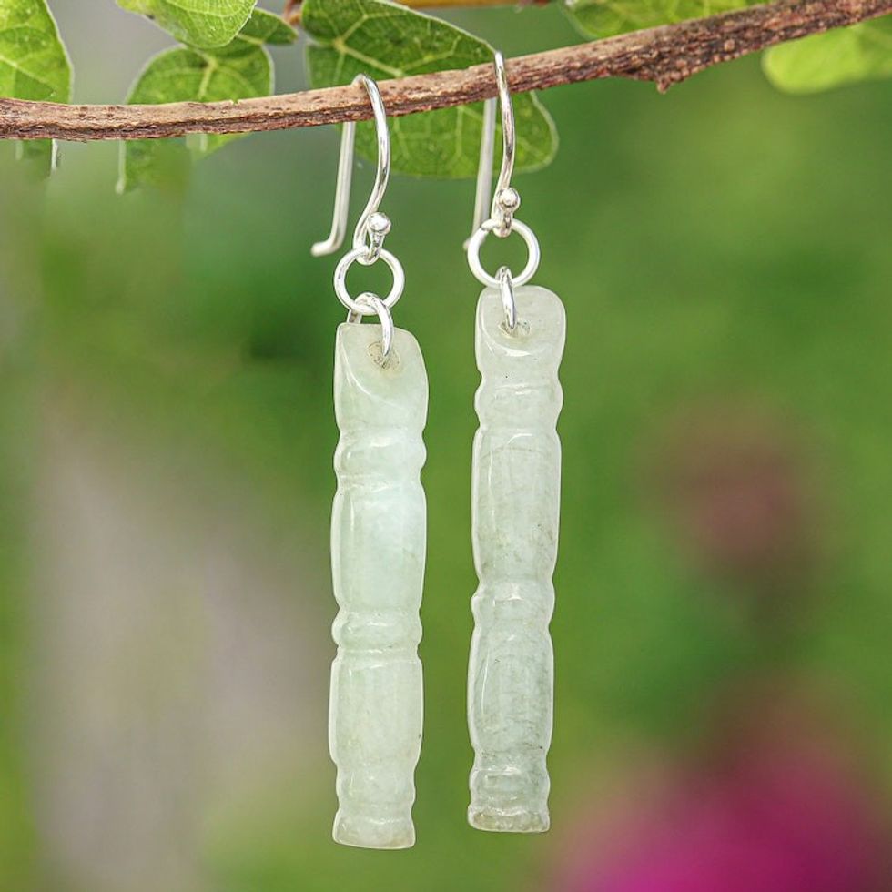 Thai Artisan Pale Green Jade Bamboo Dangle Earrings 'Enlightenment'