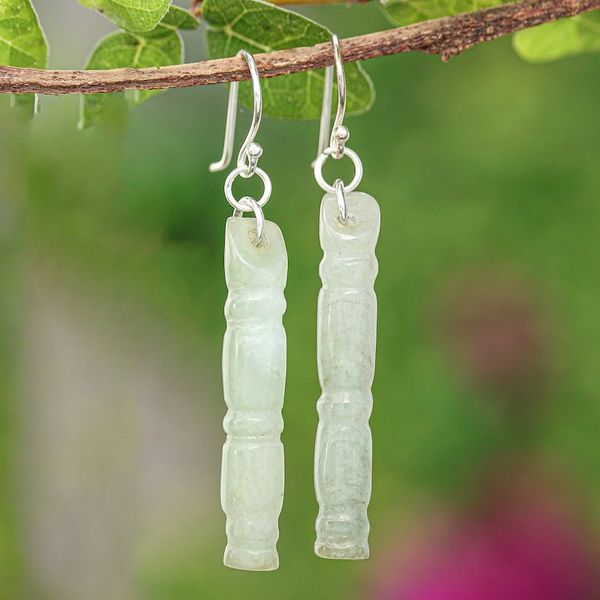 Alternate image for Thai Artisan Pale Green Jade Bamboo Dangle Earrings Enlightenment