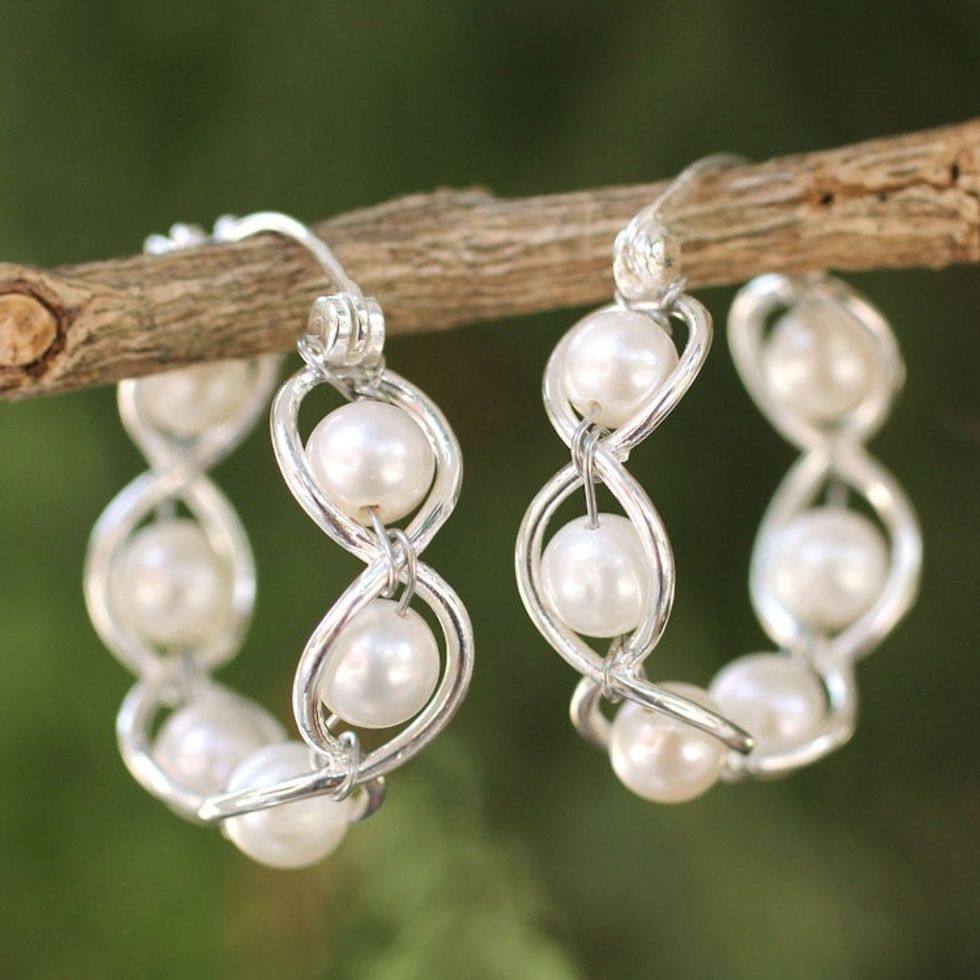 Sterling Silver and Pearl Hoop Earrings 'Cloud Twist'