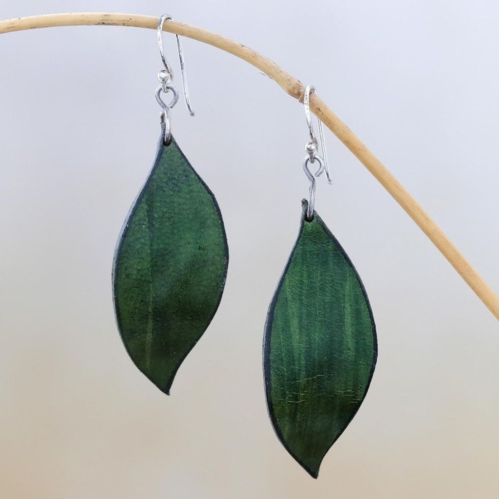 Leaf-Shaped Leather Dangle Earrings in Green from Thailand 'Fanciful Leaves in Green'