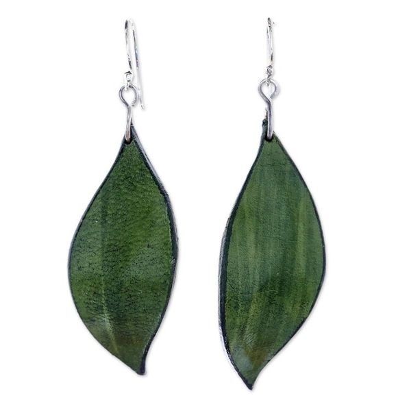 Alternate image for Leaf-Shaped Leather Dangle Earrings in Green from Thailand Fanciful Leaves in Green