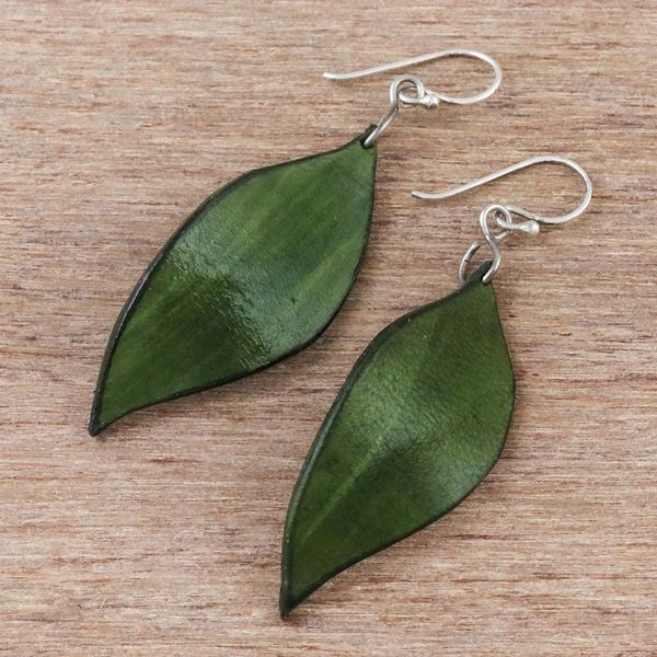 Alternate image for Leaf-Shaped Leather Dangle Earrings in Green from Thailand Fanciful Leaves in Green