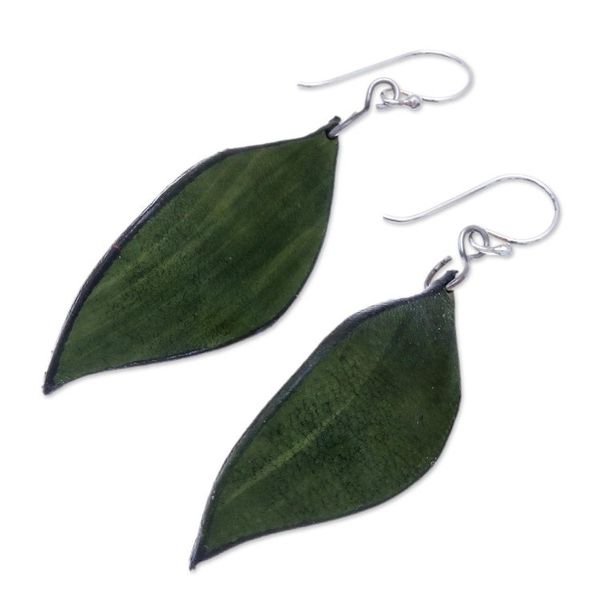 Alternate image for Leaf-Shaped Leather Dangle Earrings in Green from Thailand Fanciful Leaves in Green