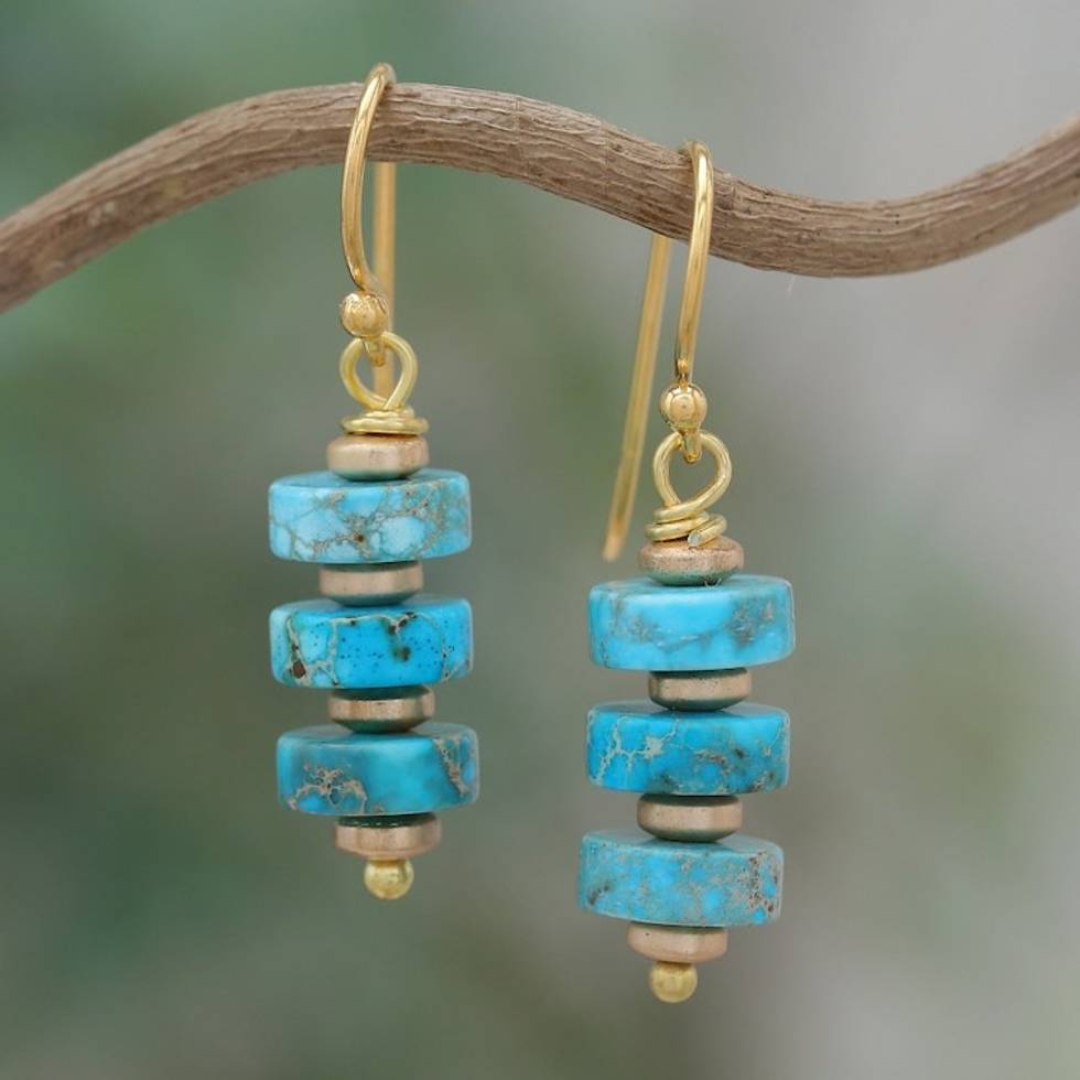 18k Gold-Plated Dangle Earrings with Hematite Beads 'Lagoon Bohemian'