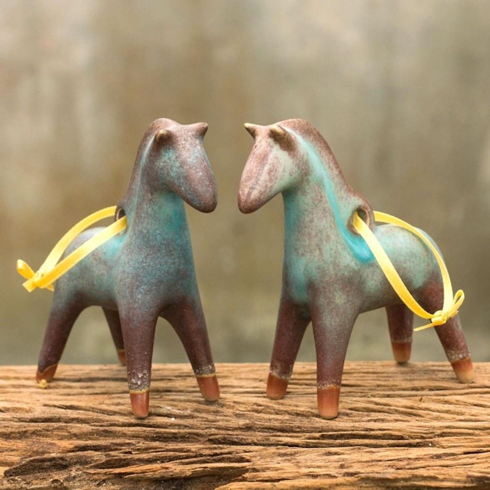 Antiqued Celadon Ceramic Christmas Ornaments Pair 'Horses of Winter'