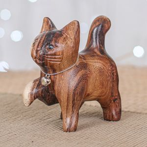 Image for Hand-Carved Raintree Wood Happy Cat Figurine with Bell 'Melodic Steps'