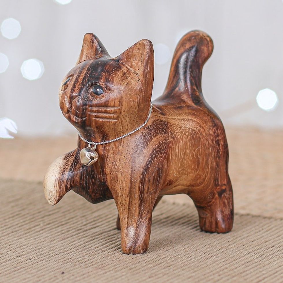 Hand-Carved Raintree Wood Happy Cat Figurine with Bell 'Melodic Steps'