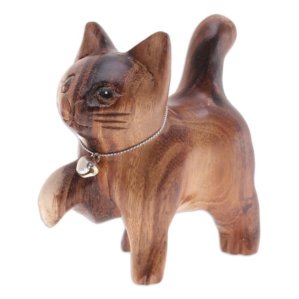 Alternate image for Hand-Carved Raintree Wood Happy Cat Figurine with Bell Melodic Steps